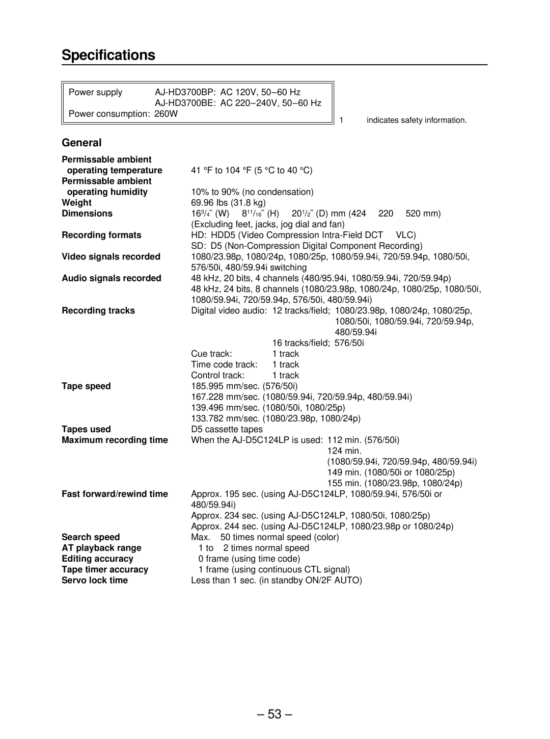 Panasonic AJ- HD3700B manual Specifications, General 