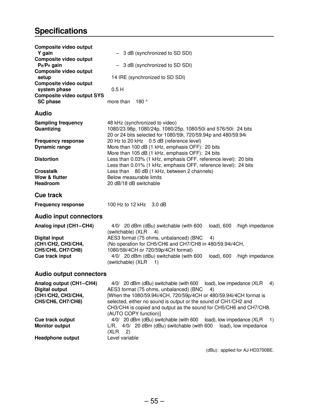 Panasonic AJ- HD3700B manual Cue track, Audio input connectors, Audio output connectors 