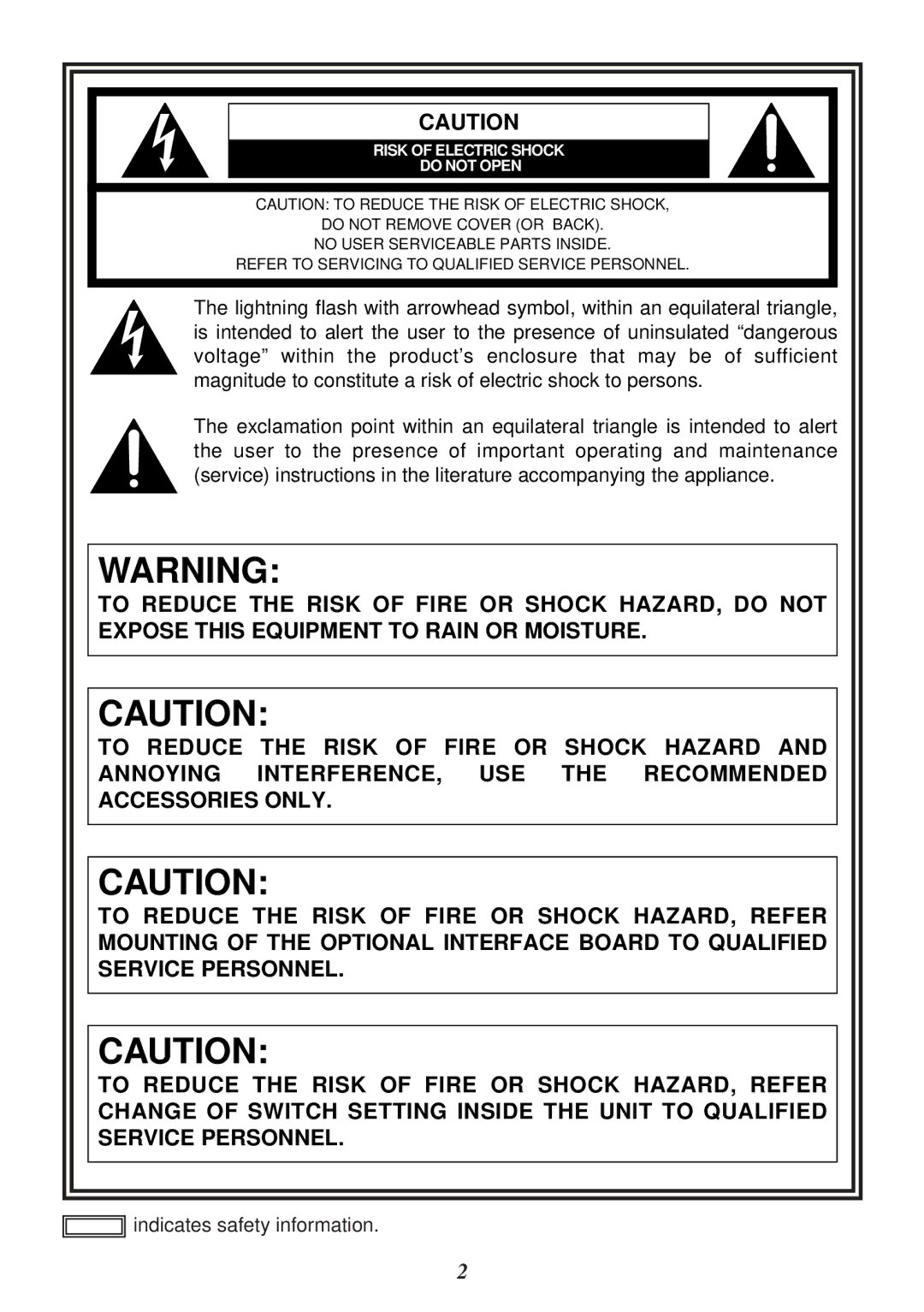 Panasonic AJ-CA910P manual Indicates safety information 