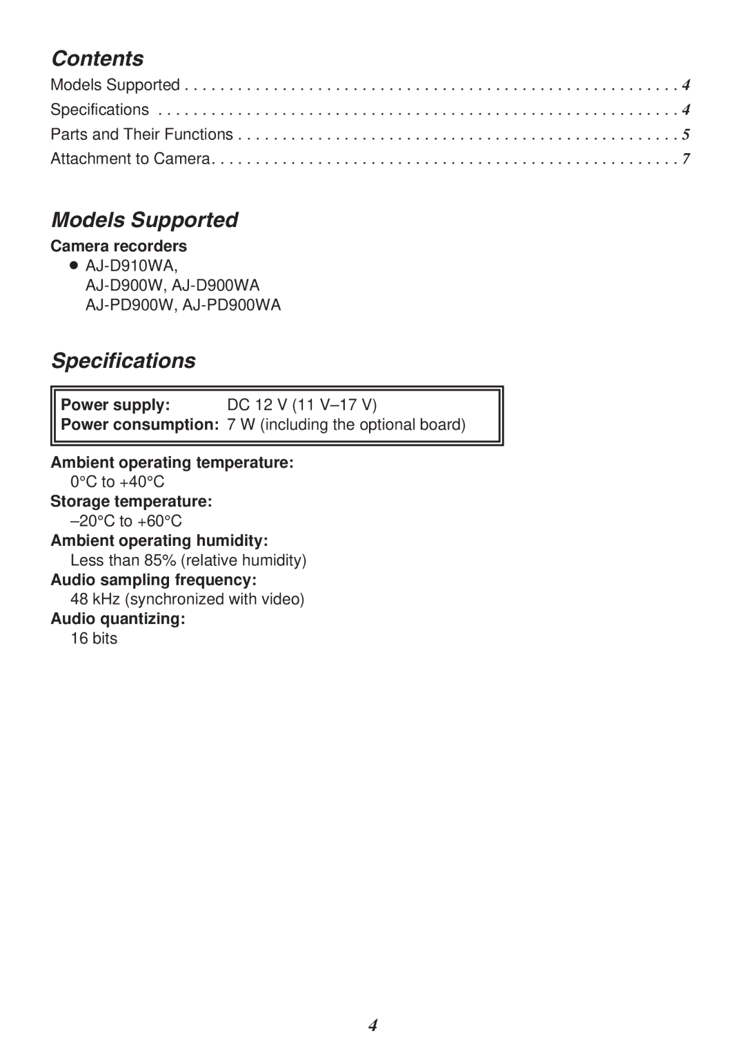 Panasonic AJ-CA910P manual Contents, Models Supported, Specifications 