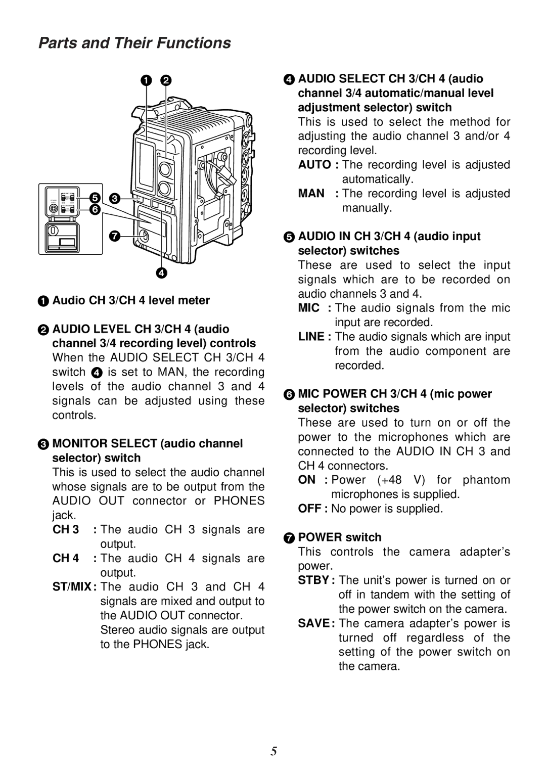 Panasonic AJ-CA910P manual Parts and Their Functions, Audio in CH 3/CH 4 audio input selector switches, Power switch 