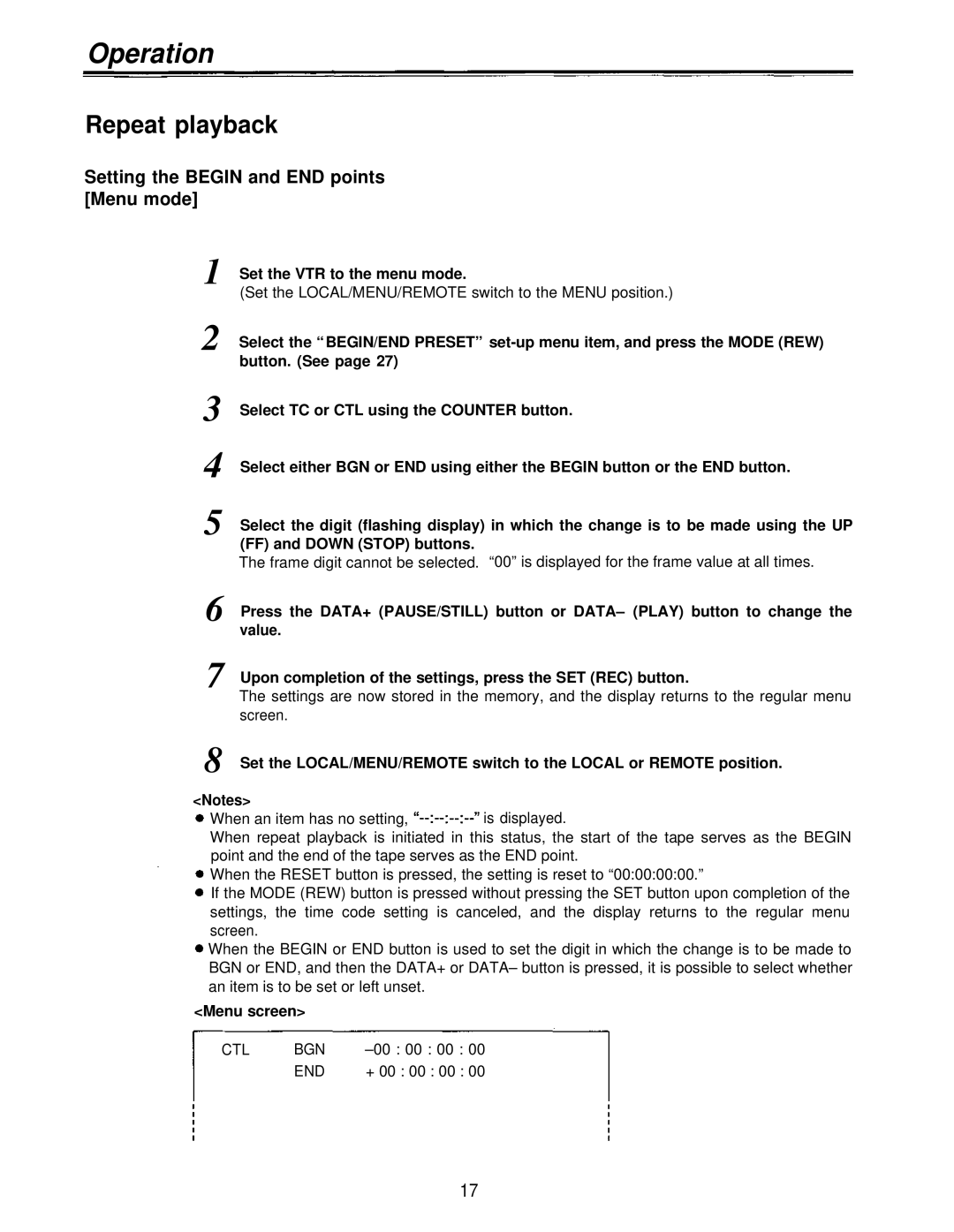 Panasonic AJ-D230HP operating instructions Repeat playback, Set the VTR to the menu mode, Menu screen 