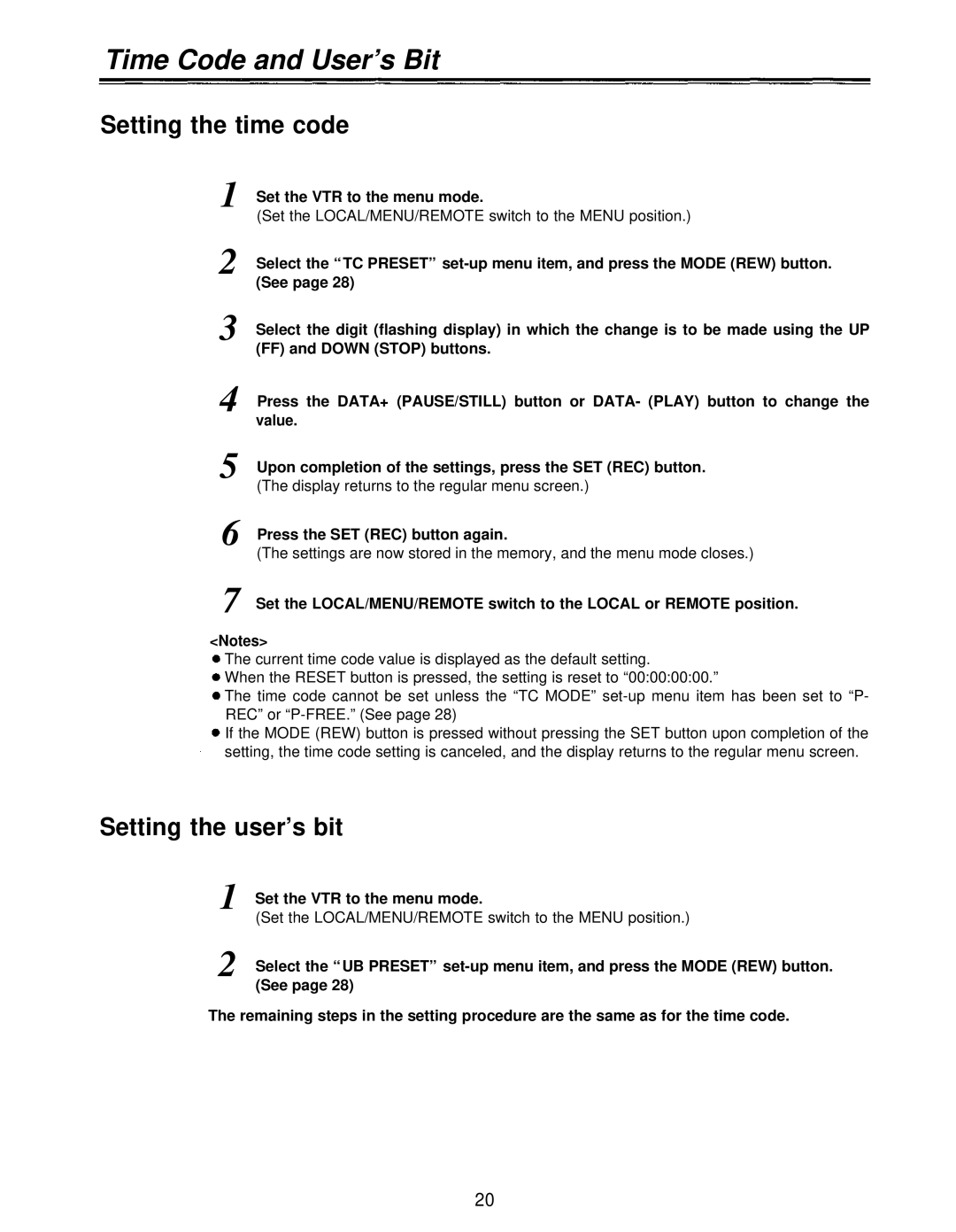 Panasonic AJ-D230HP operating instructions Setting the time code, Setting the user’s bit 