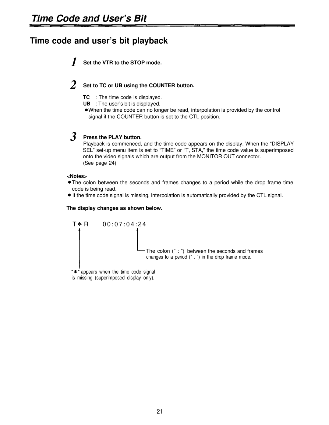 Panasonic AJ-D230HP operating instructions Time code and user’s bit playback, Display changes as shown below 