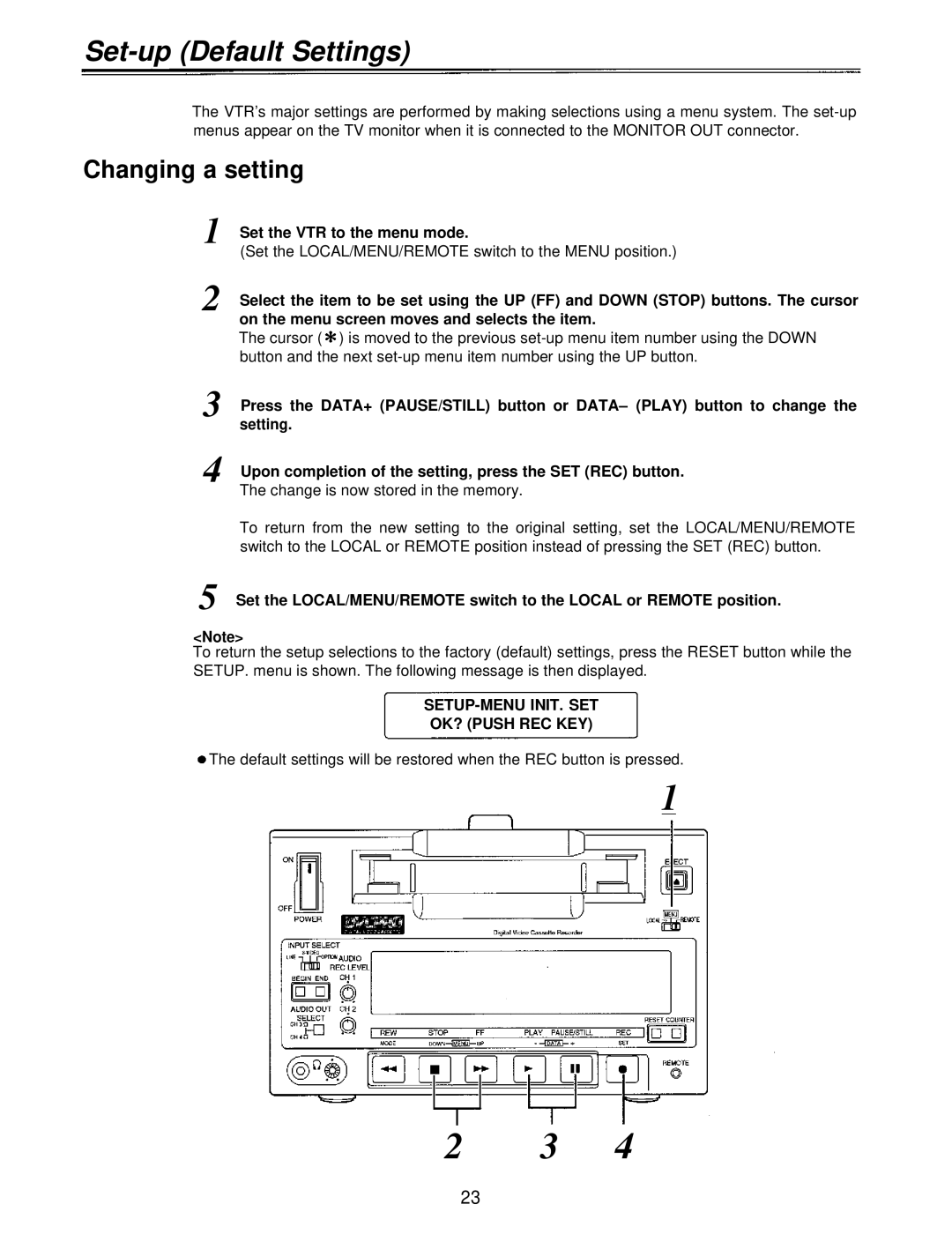 Panasonic AJ-D230HP Set-up Default Settings, Changing a setting, On the menu screen moves and selects the item 