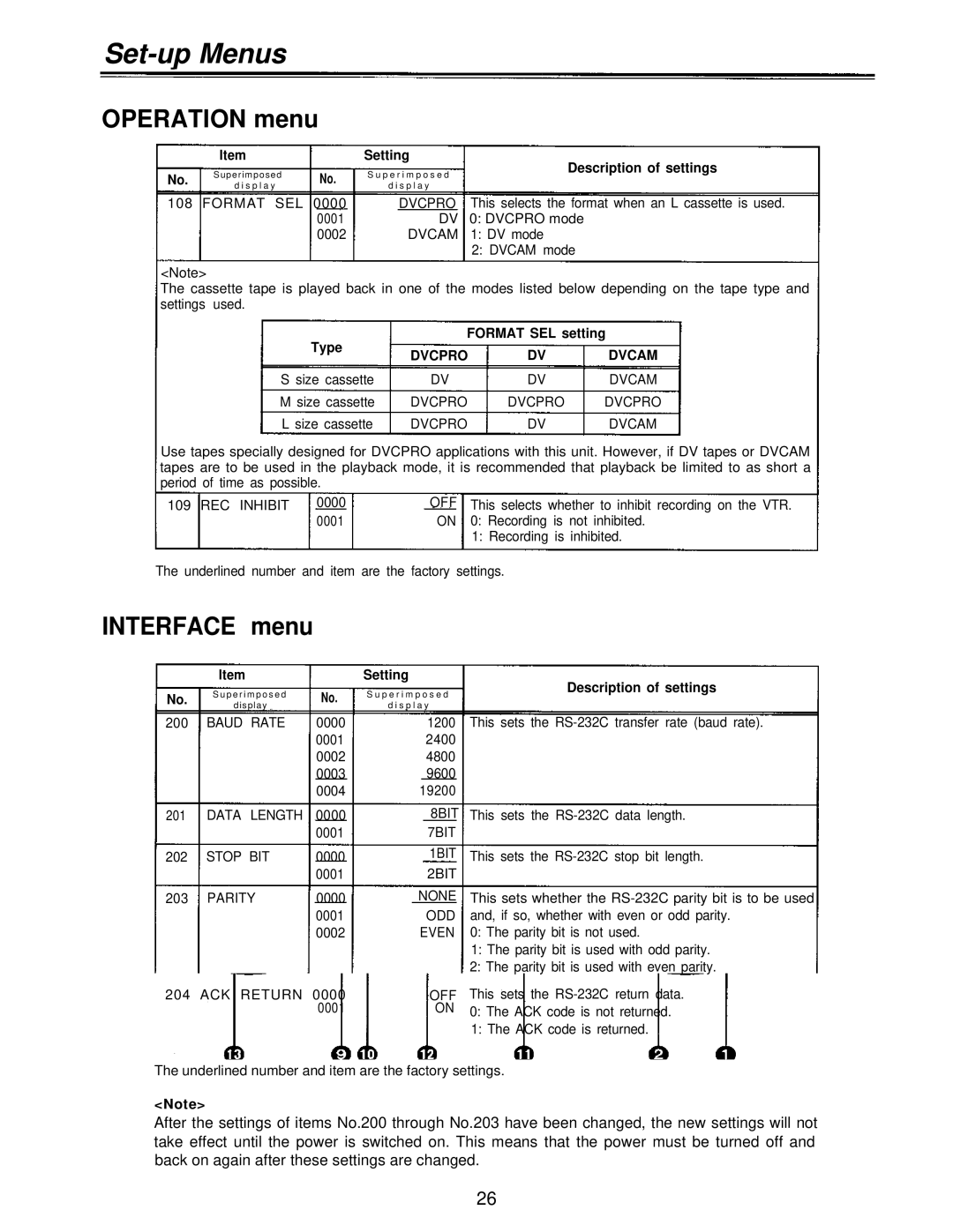 Panasonic AJ-D230HP operating instructions Interface menu, Type Format SEL setting 