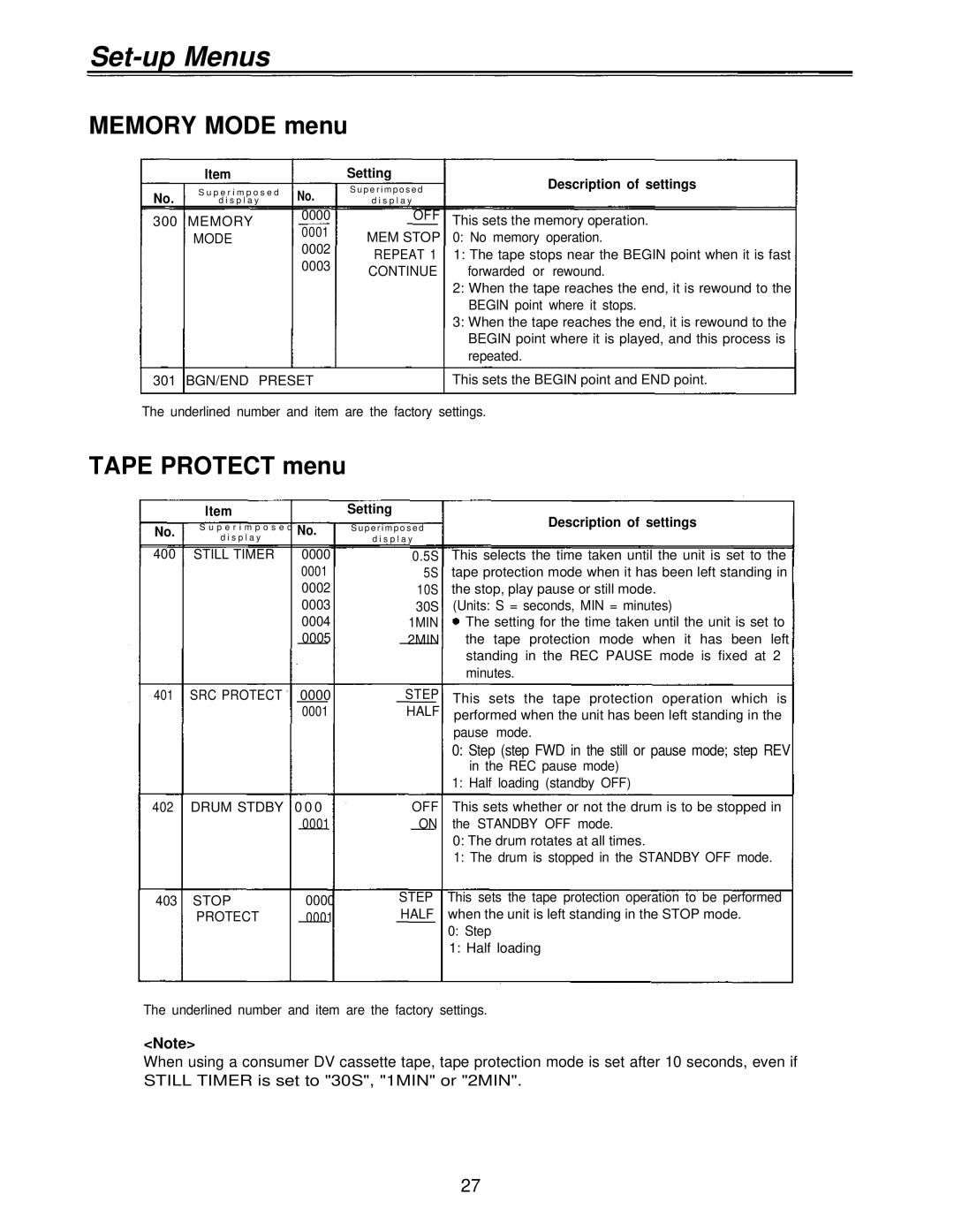 Panasonic AJ-D230HP operating instructions Memory Mode menu, Tape Protect menu 