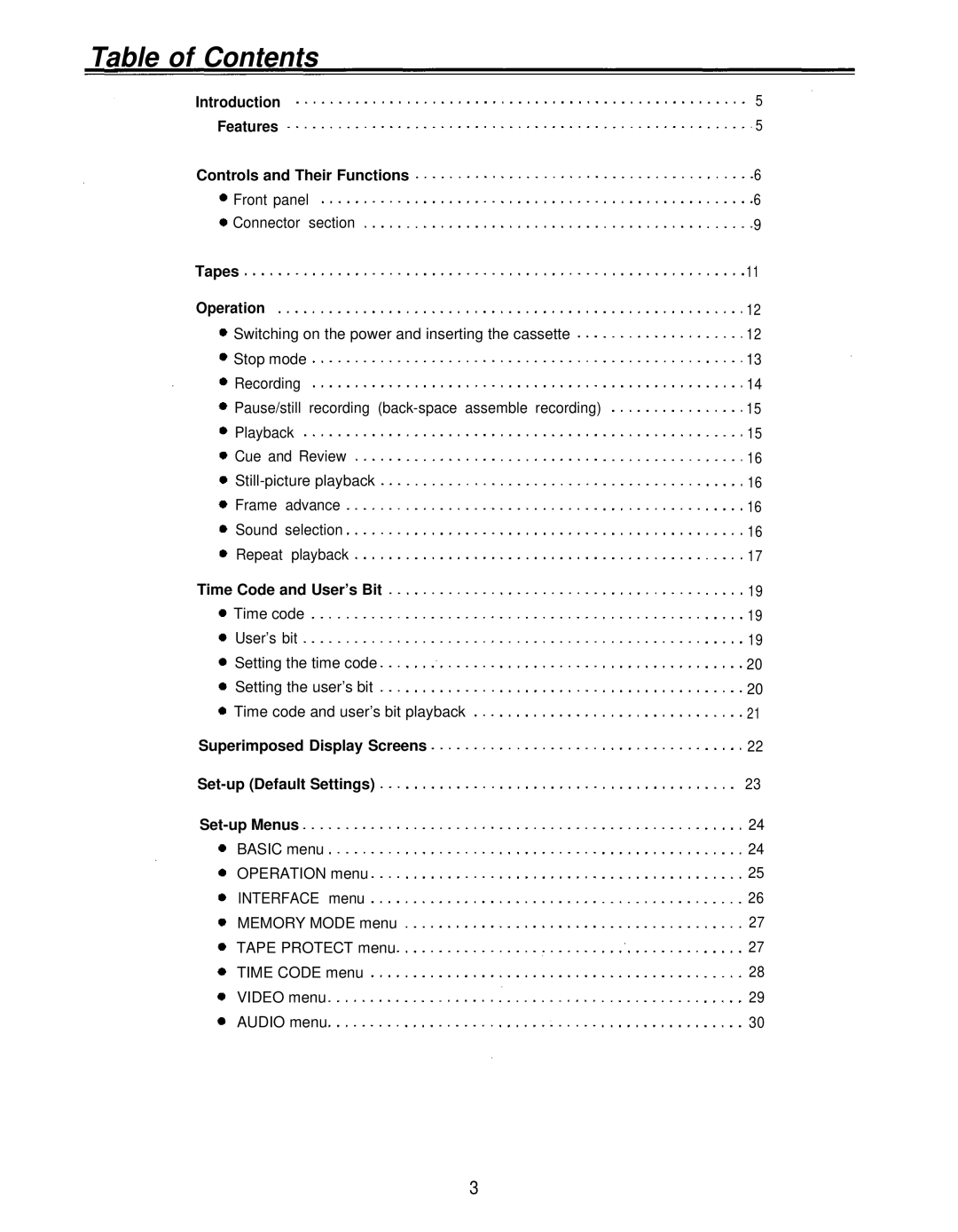 Panasonic AJ-D230HP operating instructions Table of Contents 