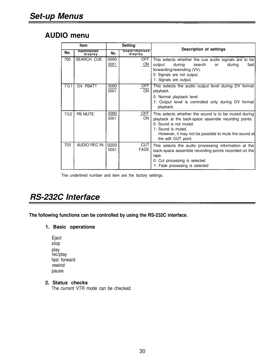 Panasonic AJ-D230HP operating instructions RS-232C Interface, Audio menu 