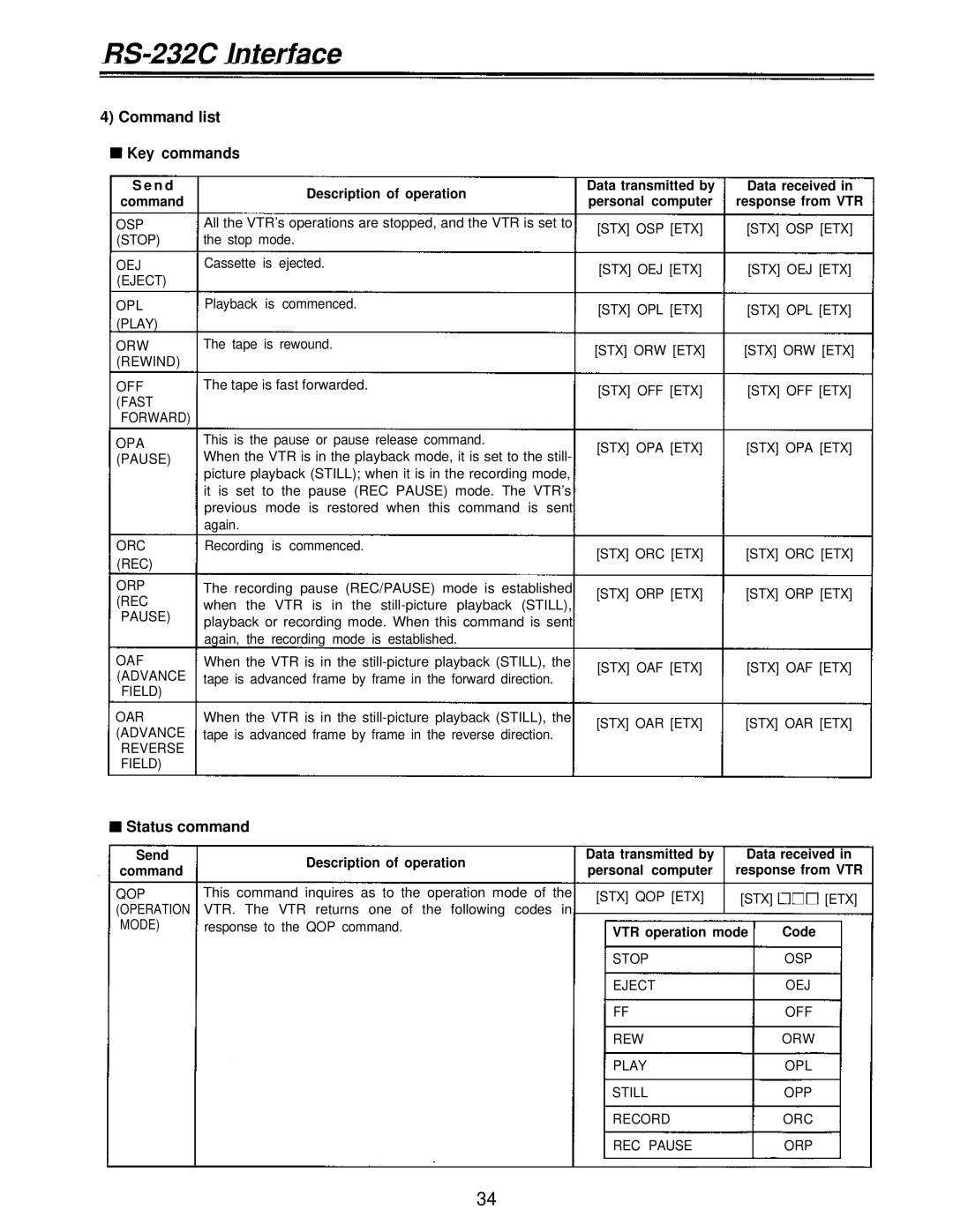 Panasonic AJ-D230HP Command list Key commands, Status command, Send Description of operation, Data transmitted by 