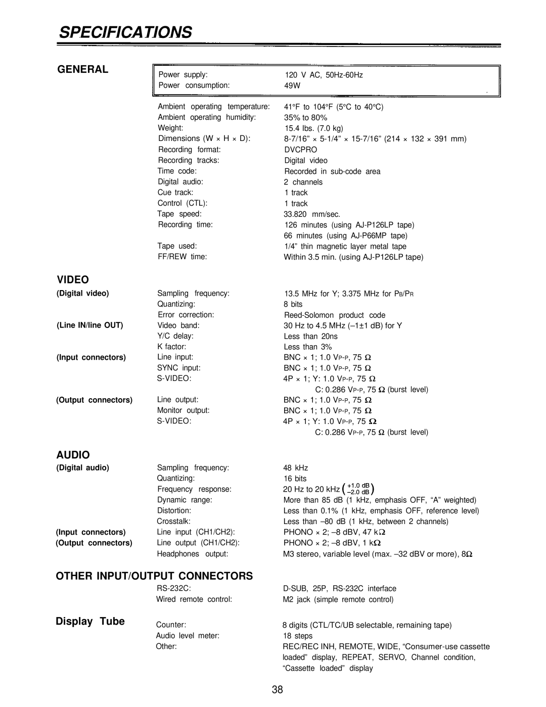 Panasonic AJ-D230HP Digital video, Line IN/line OUT, Input connectors, Output connectors, Digital audio 