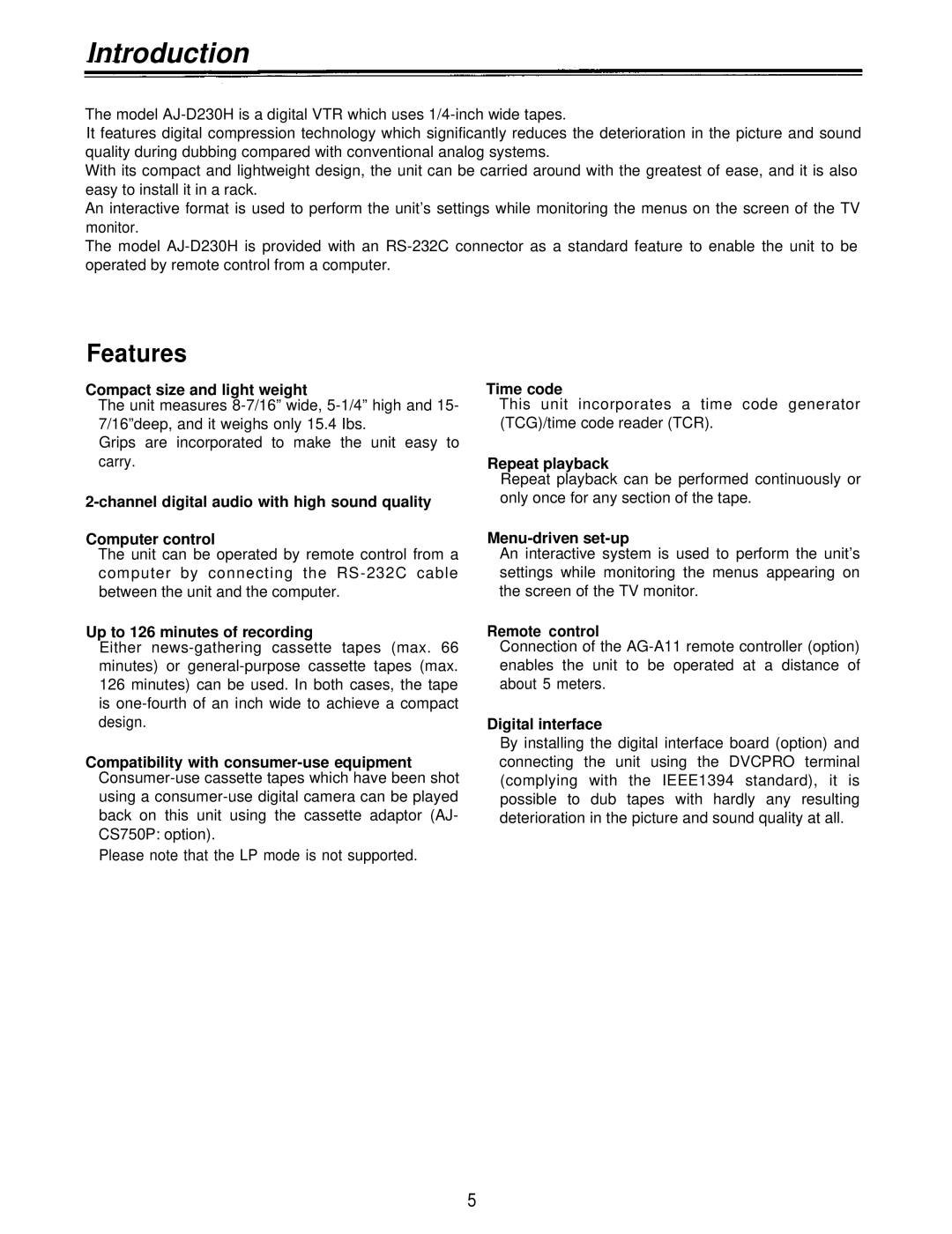 Panasonic AJ-D230HP operating instructions Introduction, Features 