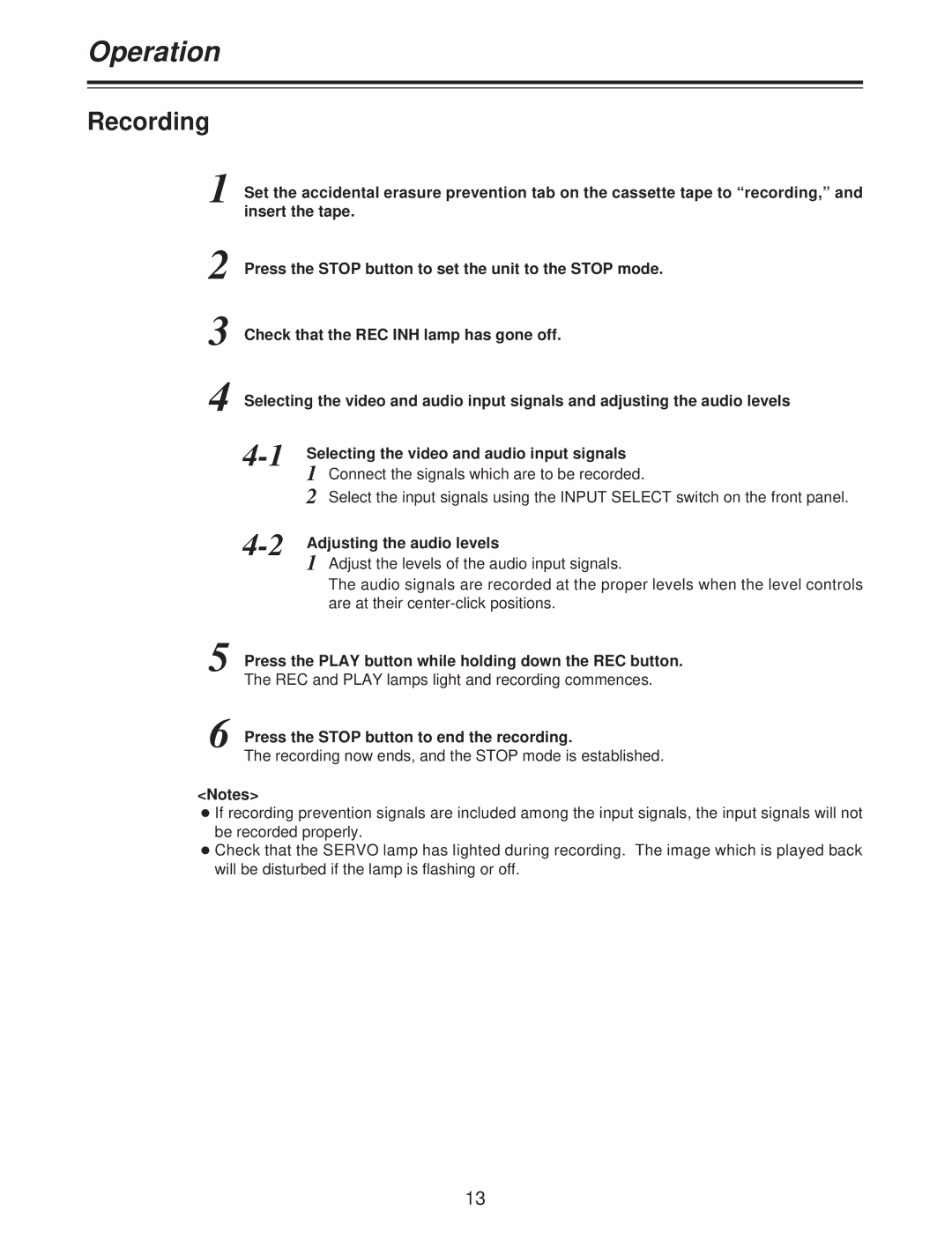 Panasonic AJ-D250P operating instructions Recording, Press the Play button while holding down the REC button 