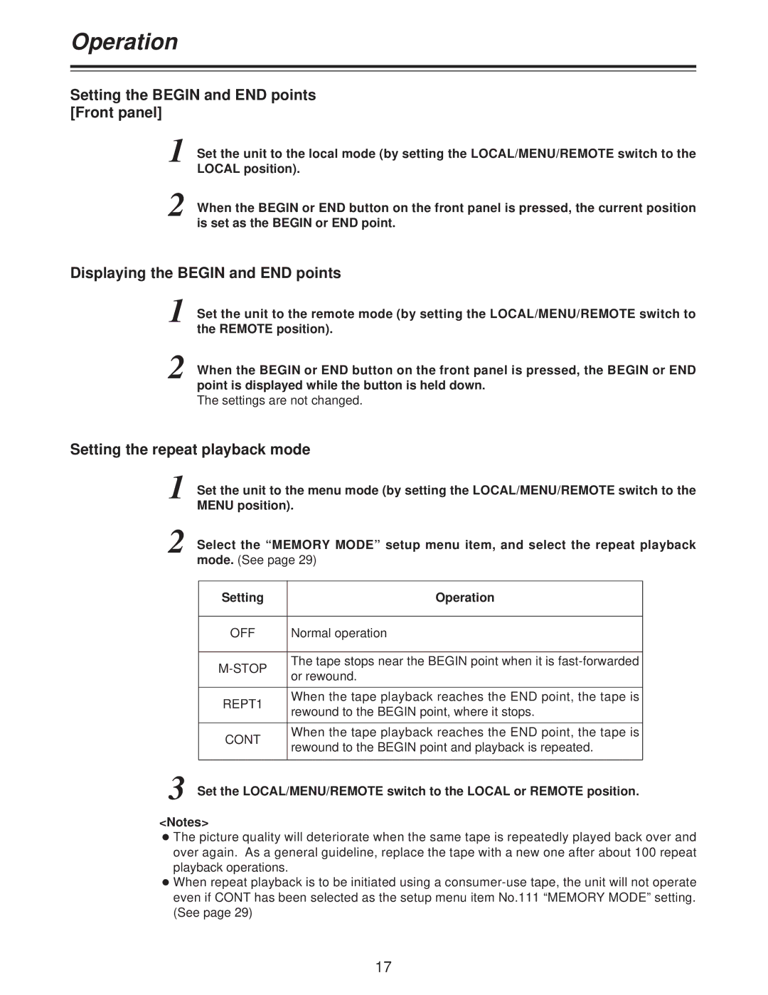 Panasonic AJ-D250P operating instructions Setting the Begin and END points Front panel, Displaying the Begin and END points 