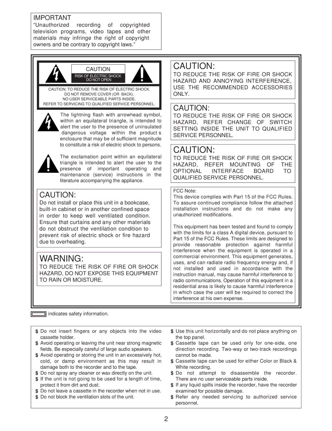 Panasonic AJ-D250P operating instructions FCC Note 