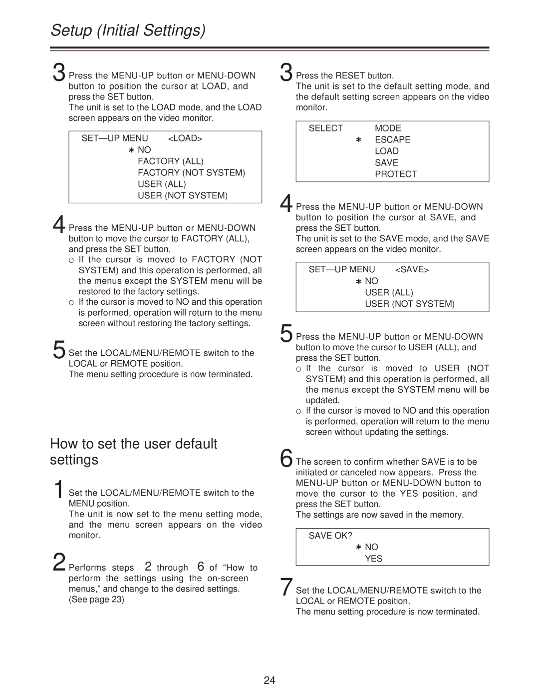 Panasonic AJ-D250P operating instructions How to set the user default settings 