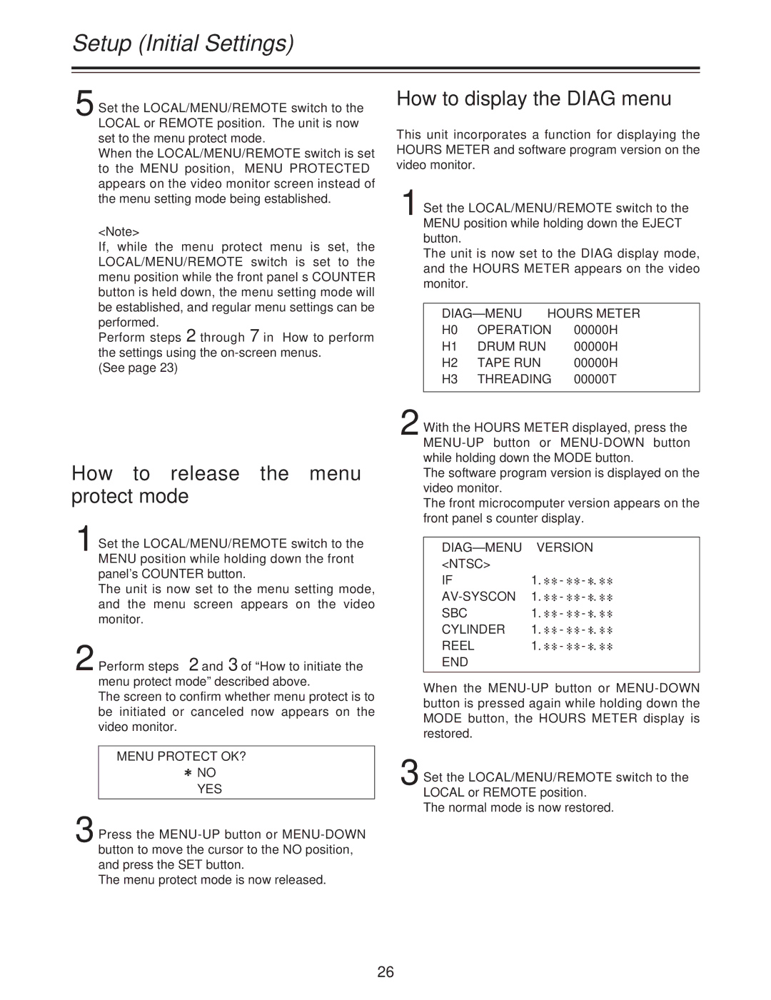 Panasonic AJ-D250P operating instructions How to release the menu protect mode, How to display the Diag menu 