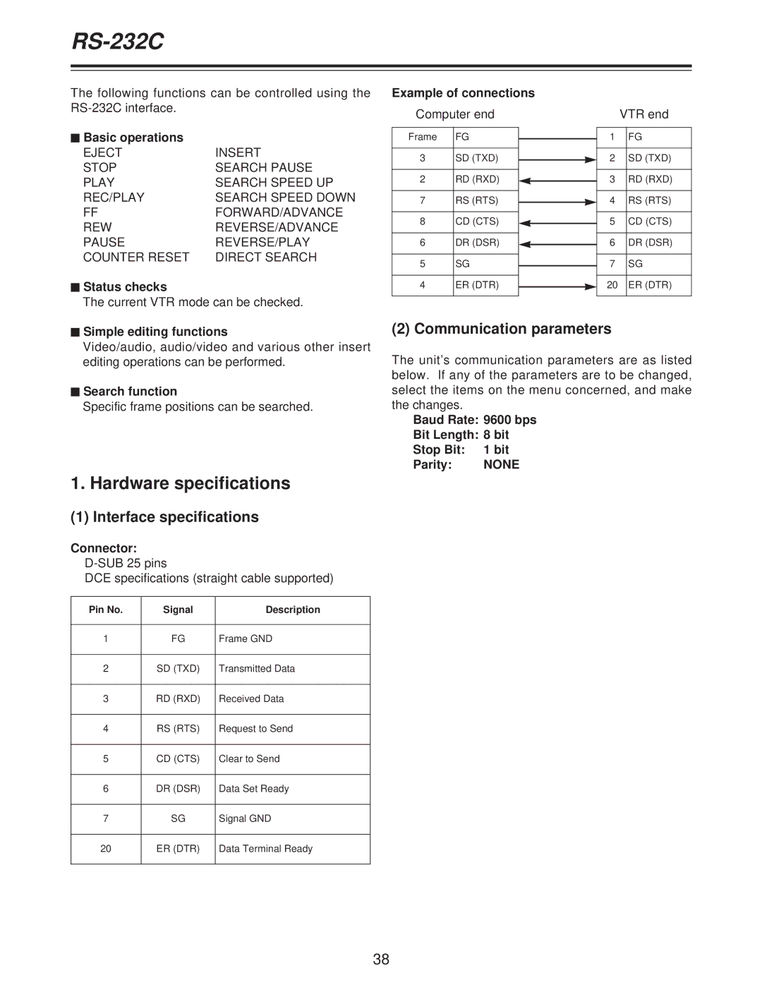 Panasonic AJ-D250P operating instructions RS-232C, Interface specifications, Communication parameters 