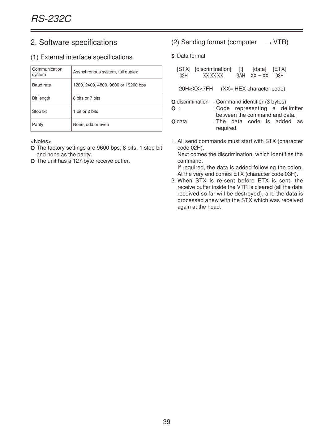 Panasonic AJ-D250P External interface specifications, Sending format computer VTR, $ Data format, 3AH 