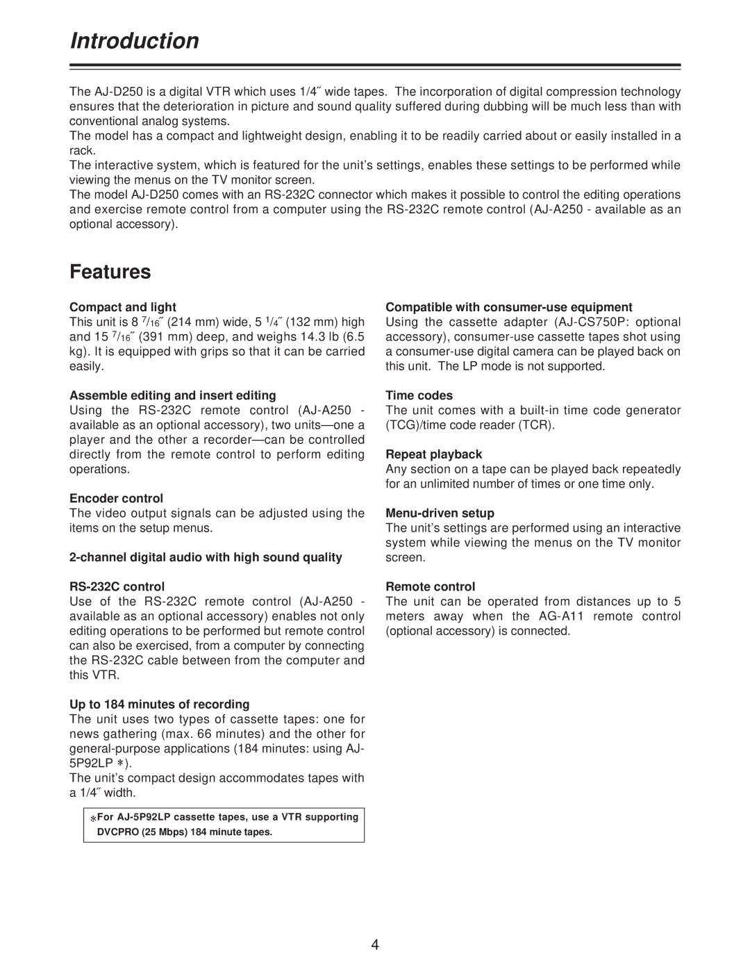 Panasonic AJ-D250P operating instructions Introduction, Features 