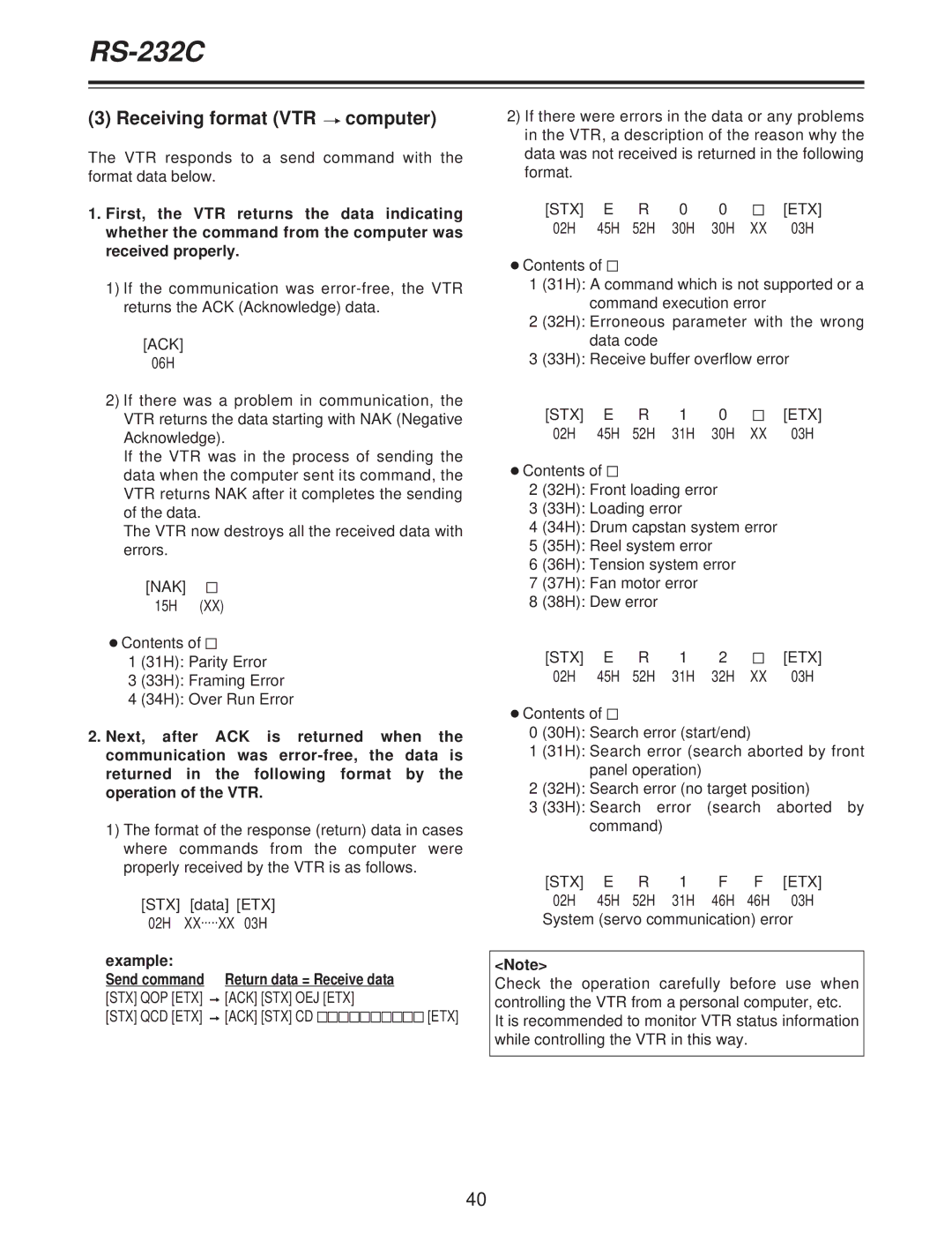 Panasonic AJ-D250P operating instructions Receiving format VTR computer, Example 