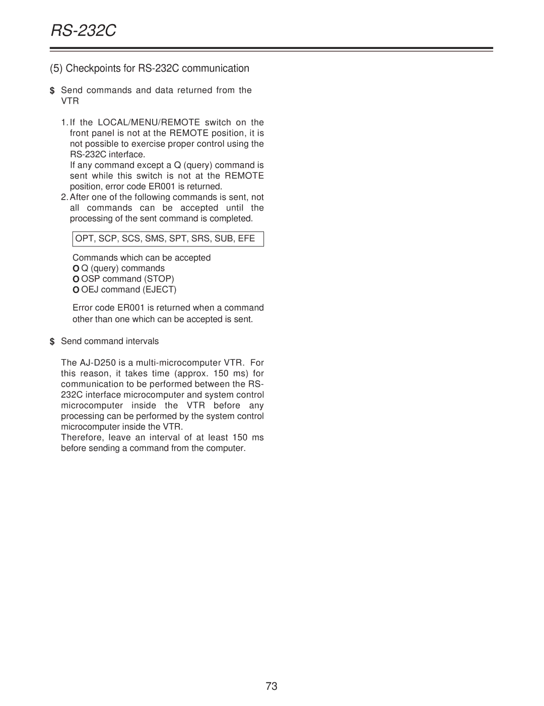 Panasonic AJ-D250P Checkpoints for RS-232C communication, $ Send commands and data returned from, $ Send command intervals 