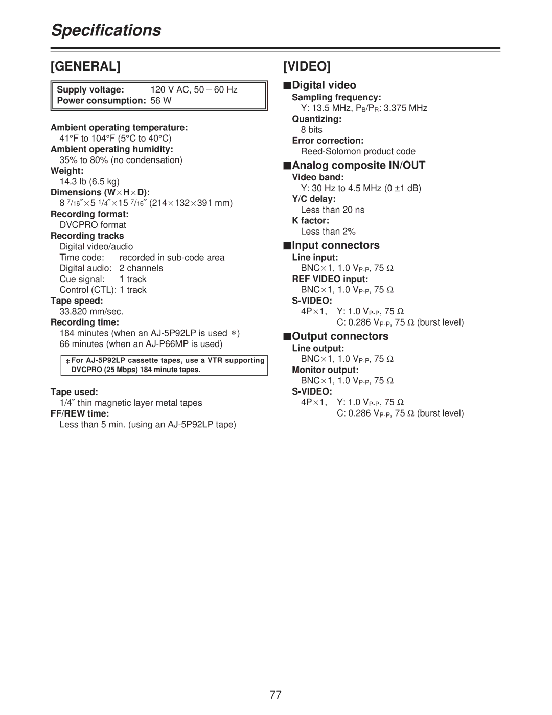 Panasonic AJ-D250P Specifications, $ Digital video, $ Analog composite IN/OUT, $ Input connectors, $ Output connectors 