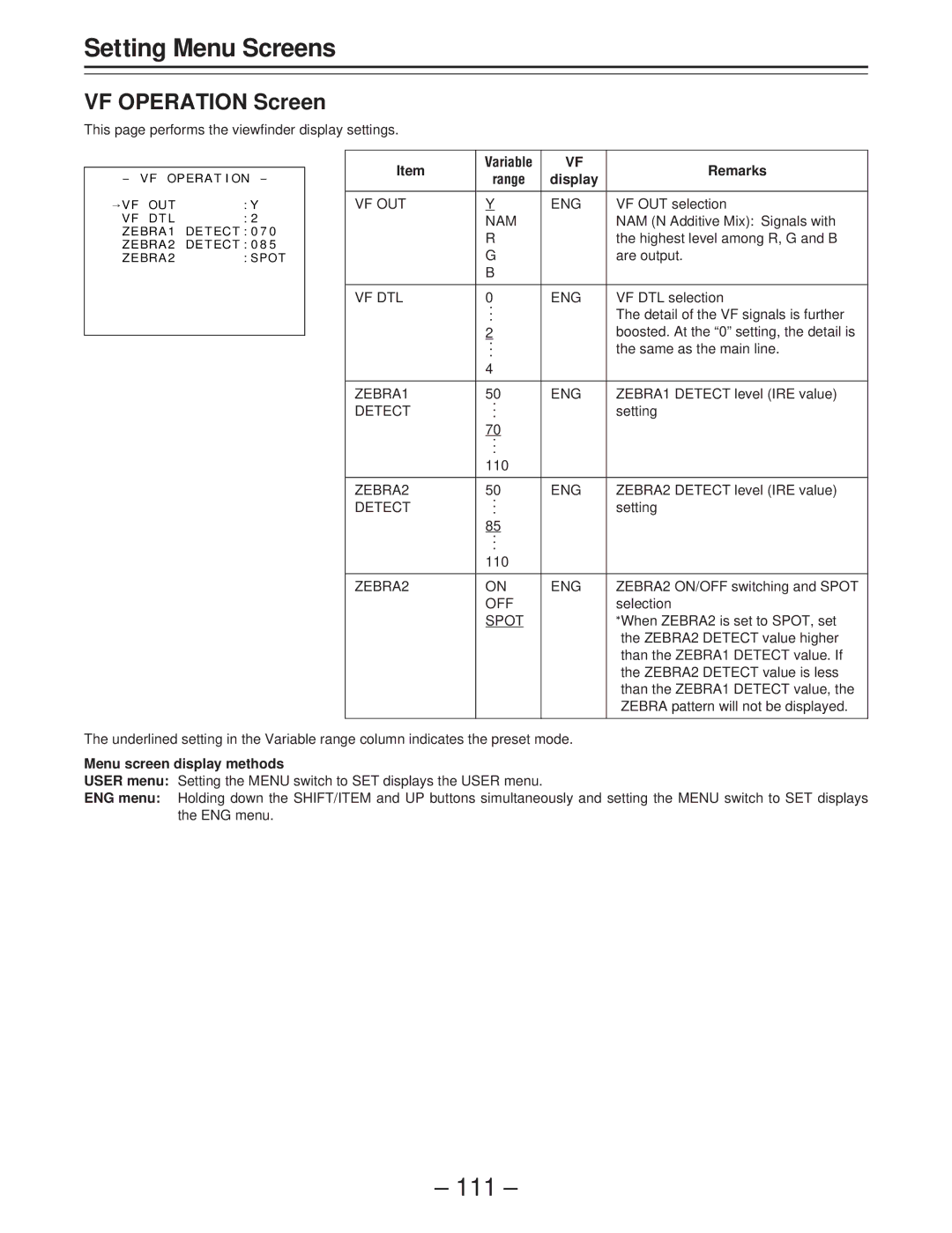 Panasonic AJ-D400 operating instructions VF Operation Screen 