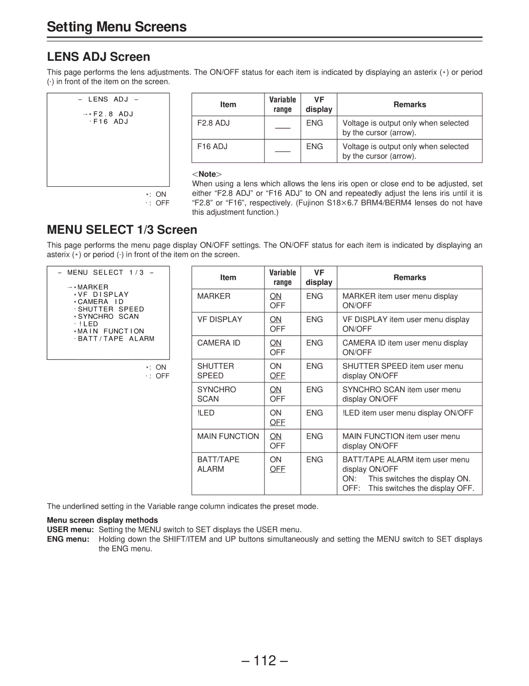 Panasonic AJ-D400 operating instructions Lens ADJ Screen, Menu Select 1/3 Screen 