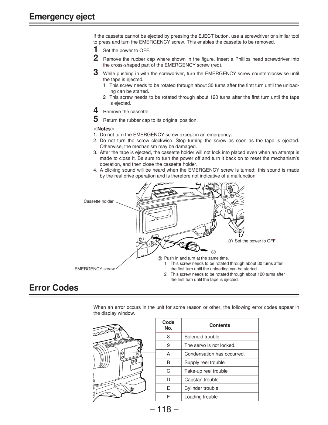 Panasonic AJ-D400 operating instructions Emergency eject, Error Codes, Code Contents 