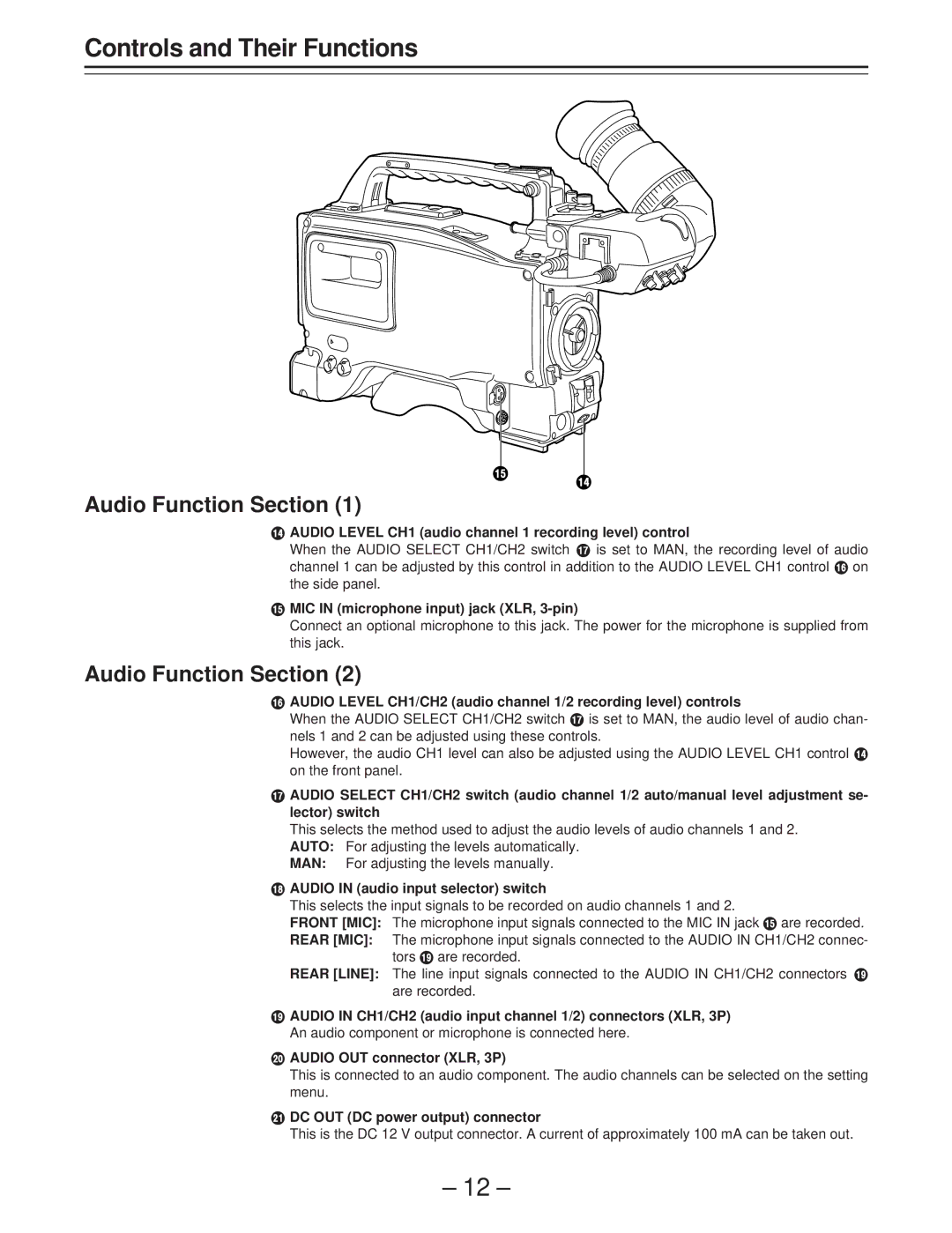 Panasonic AJ-D400 operating instructions Audio Function Section, Audio Level CH1 audio channel 1 recording level control 