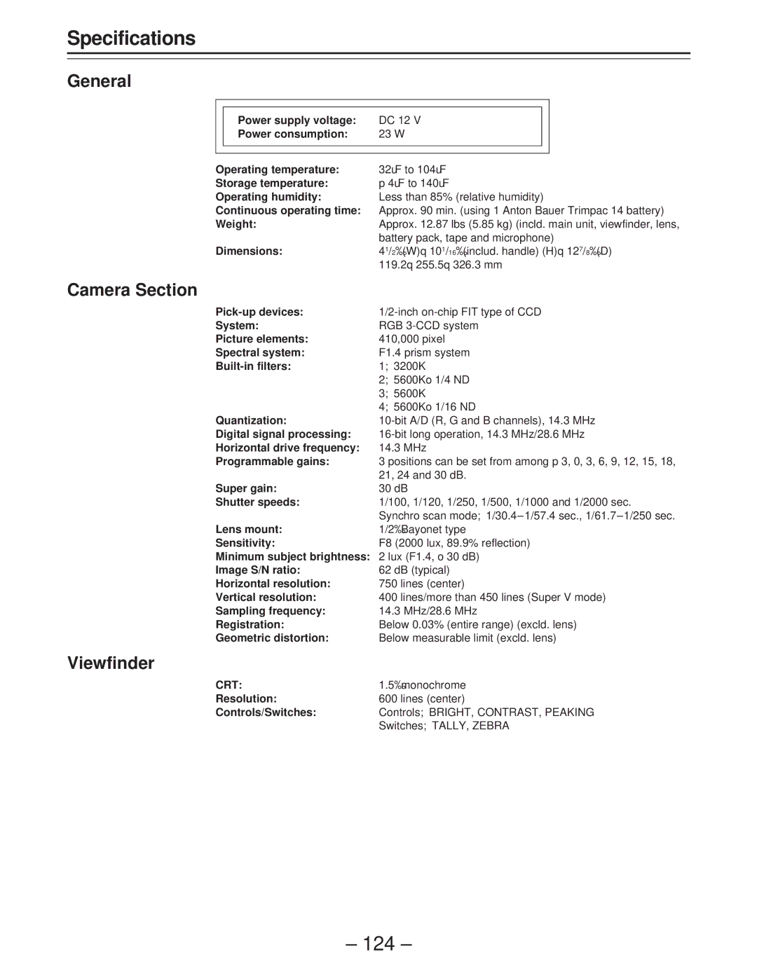 Panasonic AJ-D400 operating instructions Specifications, General, Camera Section, Viewfinder 