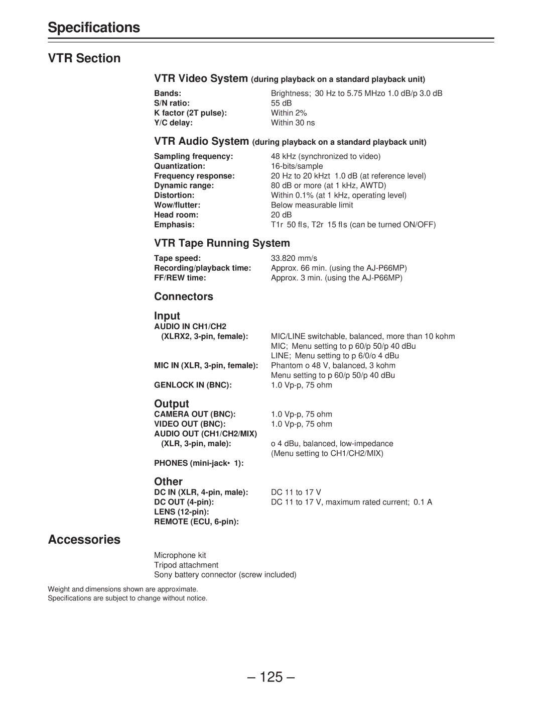 Panasonic AJ-D400 operating instructions VTR Section, Accessories 