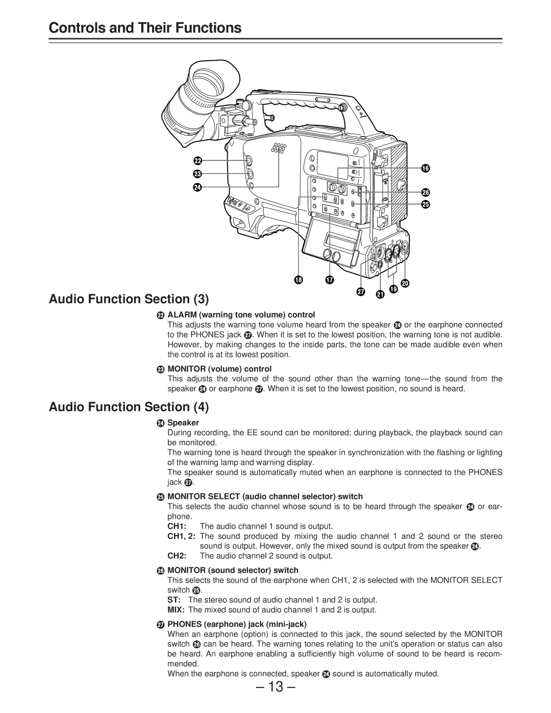 Panasonic AJ-D400 Alarm warning tone volume control, Monitor volume control, Speaker, ~ Monitor sound selector switch 