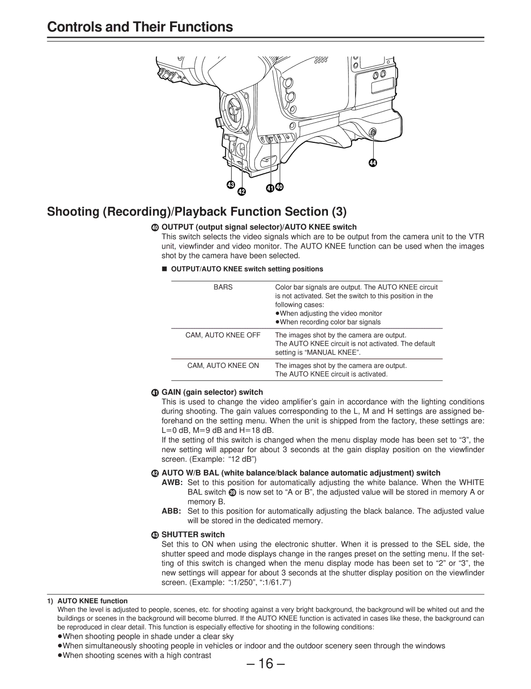 Panasonic AJ-D400 ¬ Output output signal selector/AUTO Knee switch, Gain gain selector switch, ¯ Shutter switch 