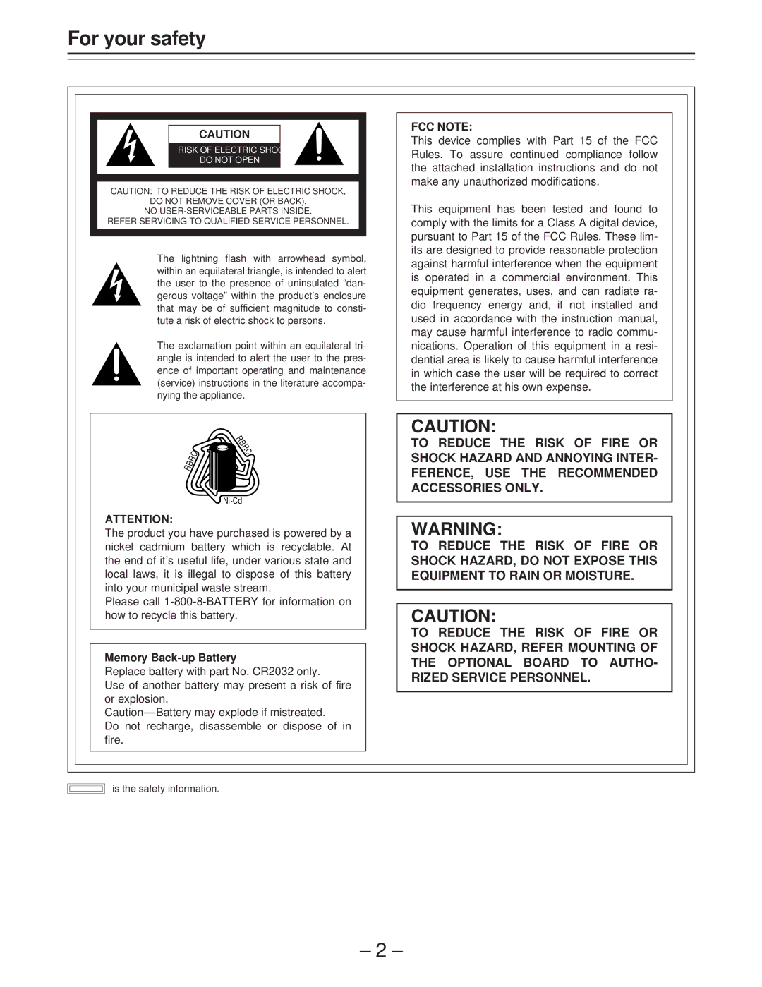 Panasonic AJ-D400 operating instructions For your safety, Memory Back-up Battery 