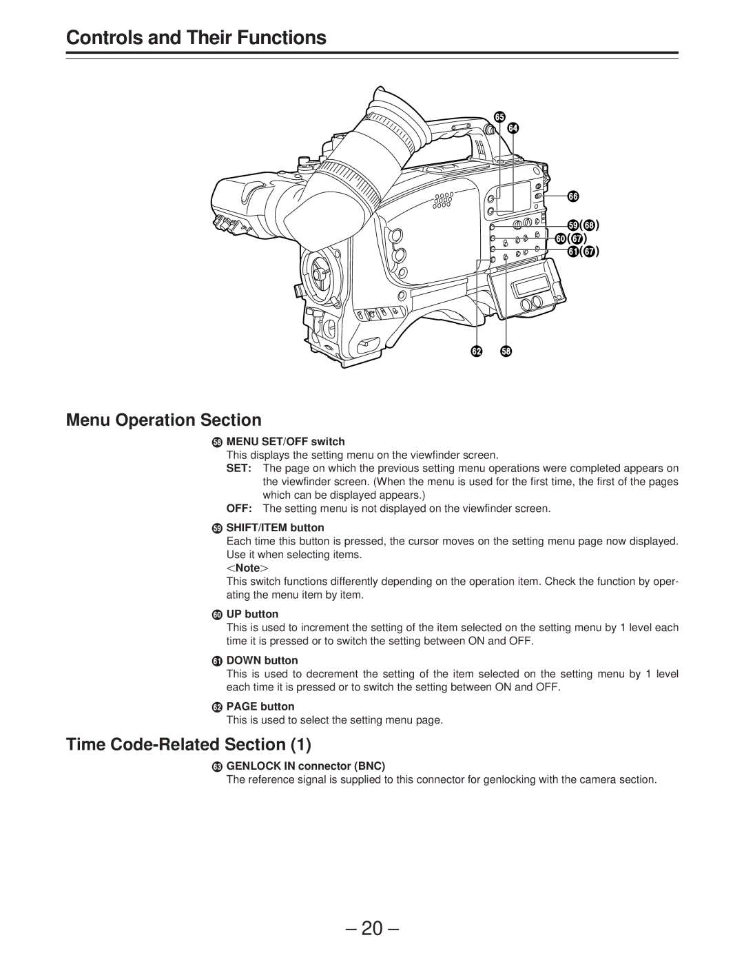 Panasonic AJ-D400 operating instructions Menu Operation Section, Time Code-Related Section 