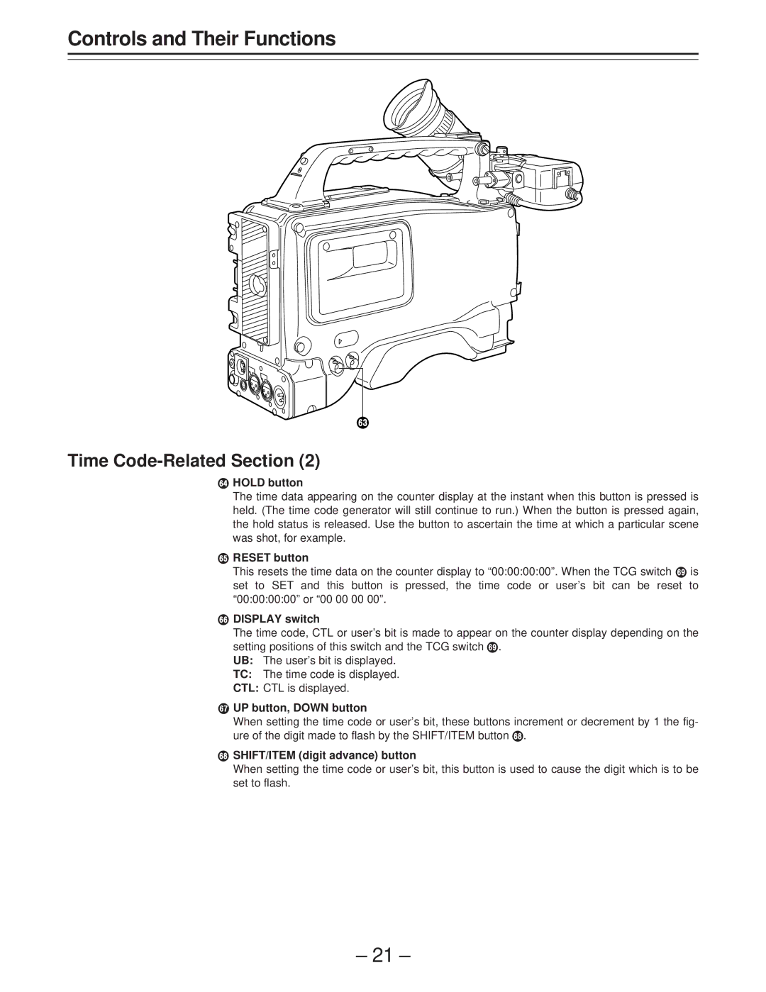 Panasonic AJ-D400 Hold button, Reset button, Display switch, UP button, Down button, SHIFT/ITEM digit advance button 