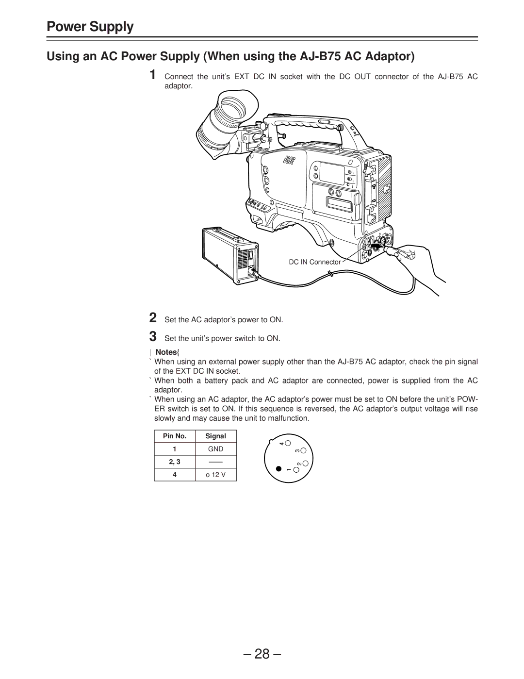 Panasonic AJ-D400 operating instructions Using an AC Power Supply When using the AJ-B75 AC Adaptor 