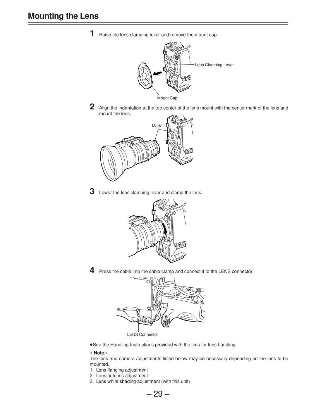 Panasonic AJ-D400 operating instructions Mounting the Lens, Raise the lens clamping lever and remove the mount cap 