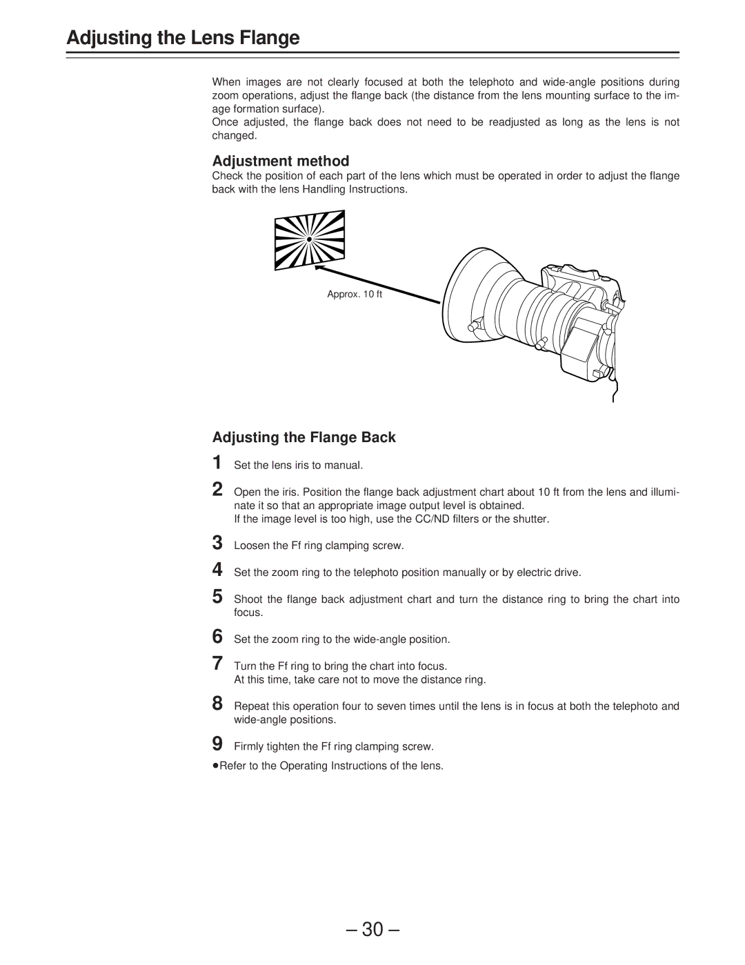 Panasonic AJ-D400 operating instructions Adjusting the Lens Flange, Adjustment method, Adjusting the Flange Back 