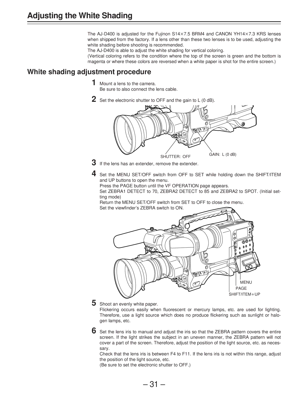 Panasonic AJ-D400 operating instructions Adjusting the White Shading, White shading adjustment procedure 