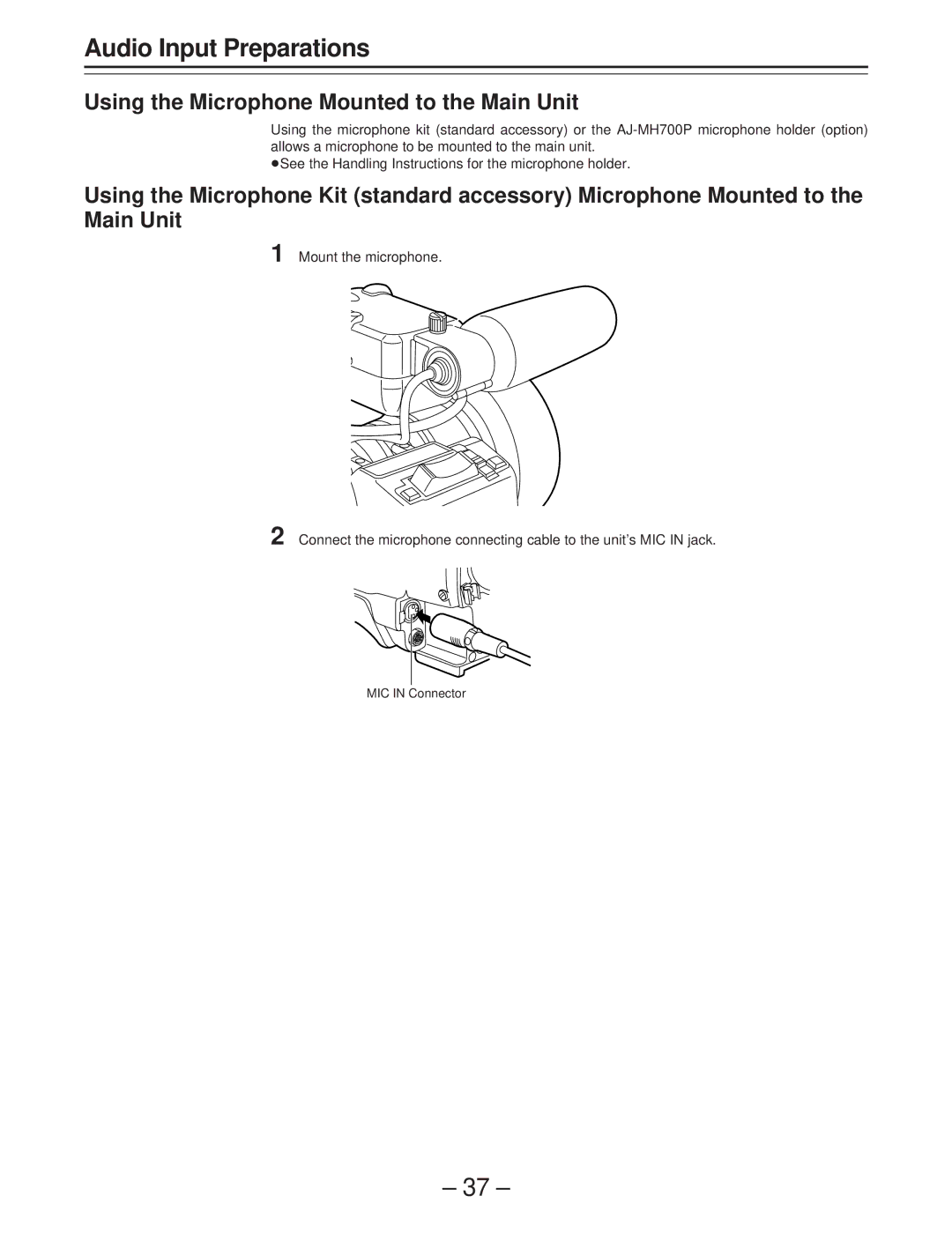 Panasonic AJ-D400 operating instructions Audio Input Preparations, Using the Microphone Mounted to the Main Unit 