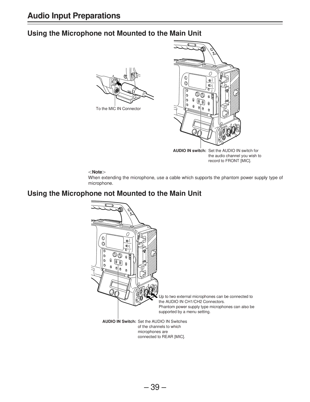 Panasonic AJ-D400 operating instructions Using the Microphone not Mounted to the Main Unit 