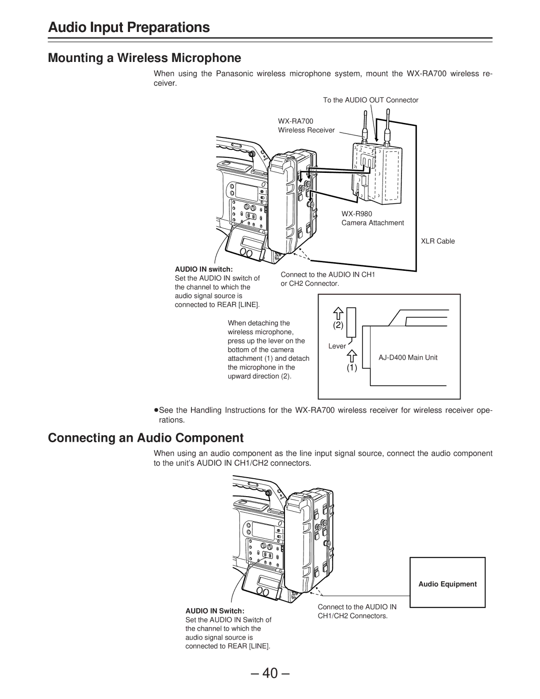 Panasonic AJ-D400 operating instructions Mounting a Wireless Microphone, Connecting an Audio Component 