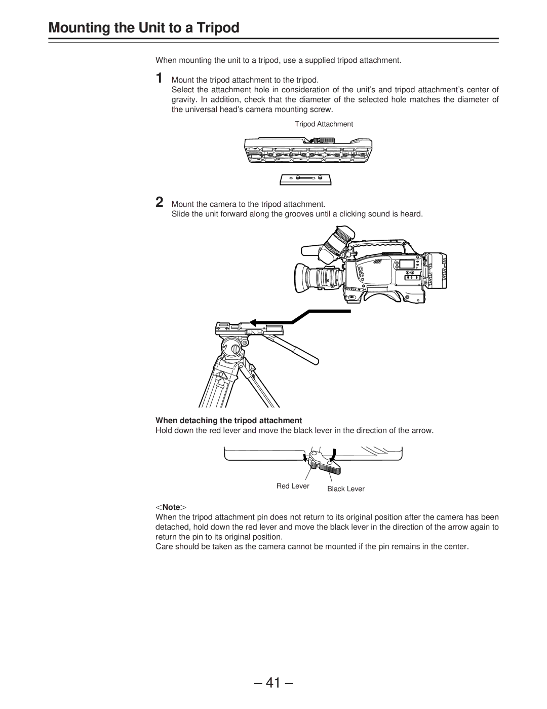 Panasonic AJ-D400 operating instructions Mounting the Unit to a Tripod, When detaching the tripod attachment 