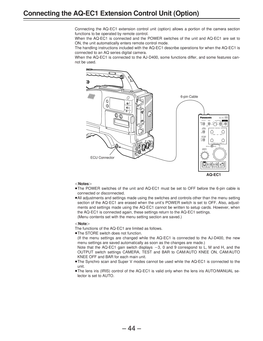 Panasonic AJ-D400 operating instructions Connecting the AQ-EC1 Extension Control Unit Option, Pin Cable ECU Connector 