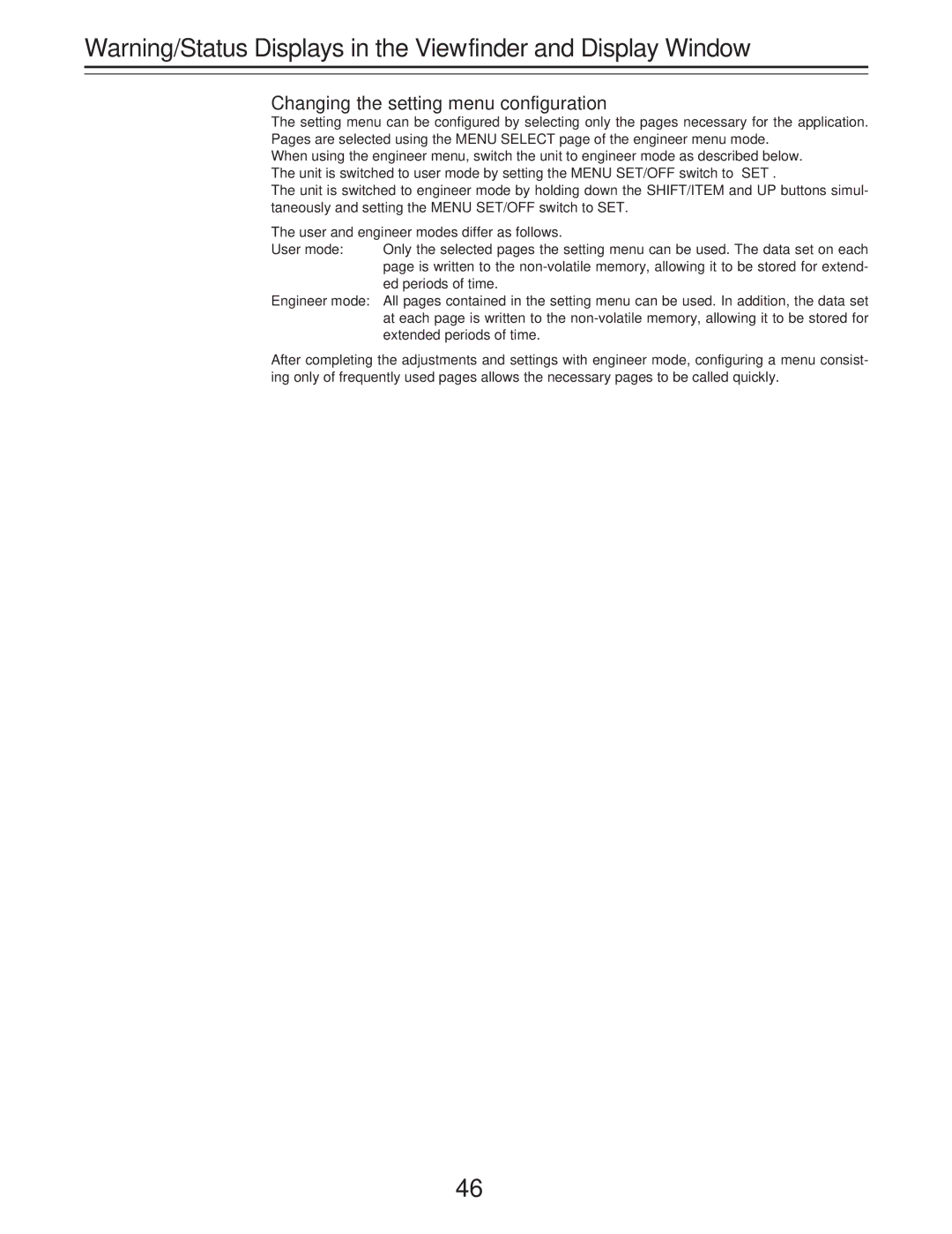 Panasonic AJ-D400 operating instructions Changing the setting menu configuration 