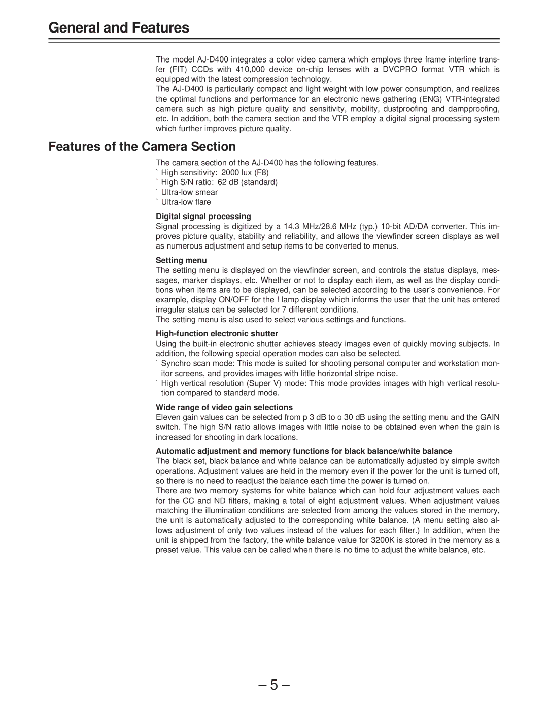 Panasonic AJ-D400 operating instructions General and Features, Features of the Camera Section 