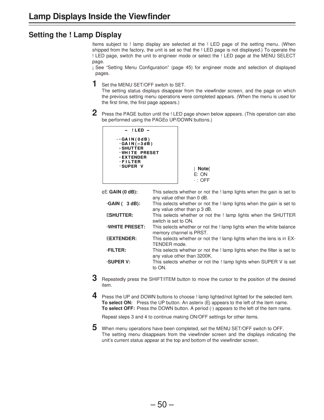 Panasonic AJ-D400 operating instructions Setting the ! Lamp Display, Off 